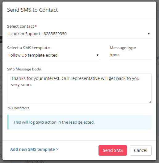 Send SMS Form Leadxen